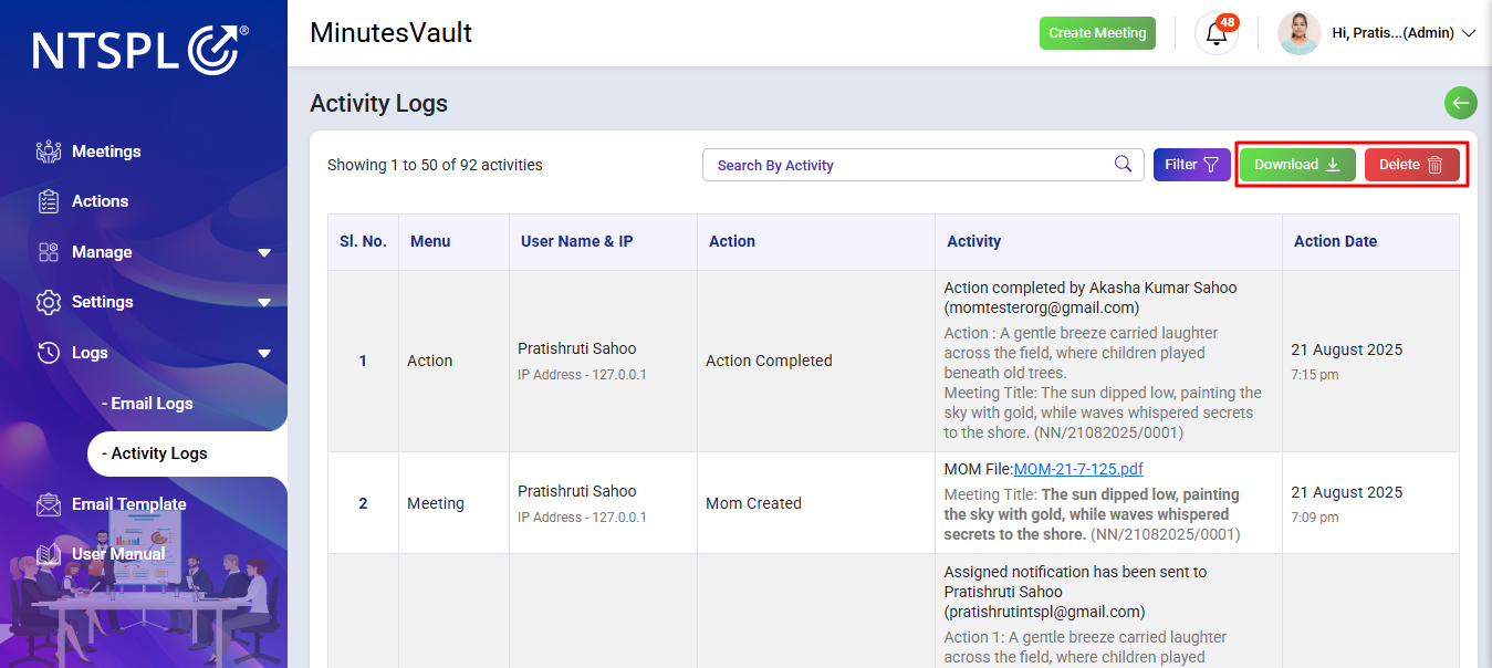 Activity Logs Date Filter
