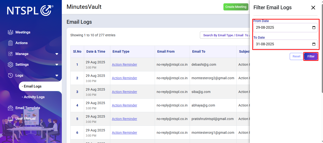 Email Logs Filter