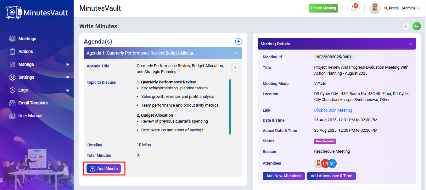 Add Minutes/ Actions button