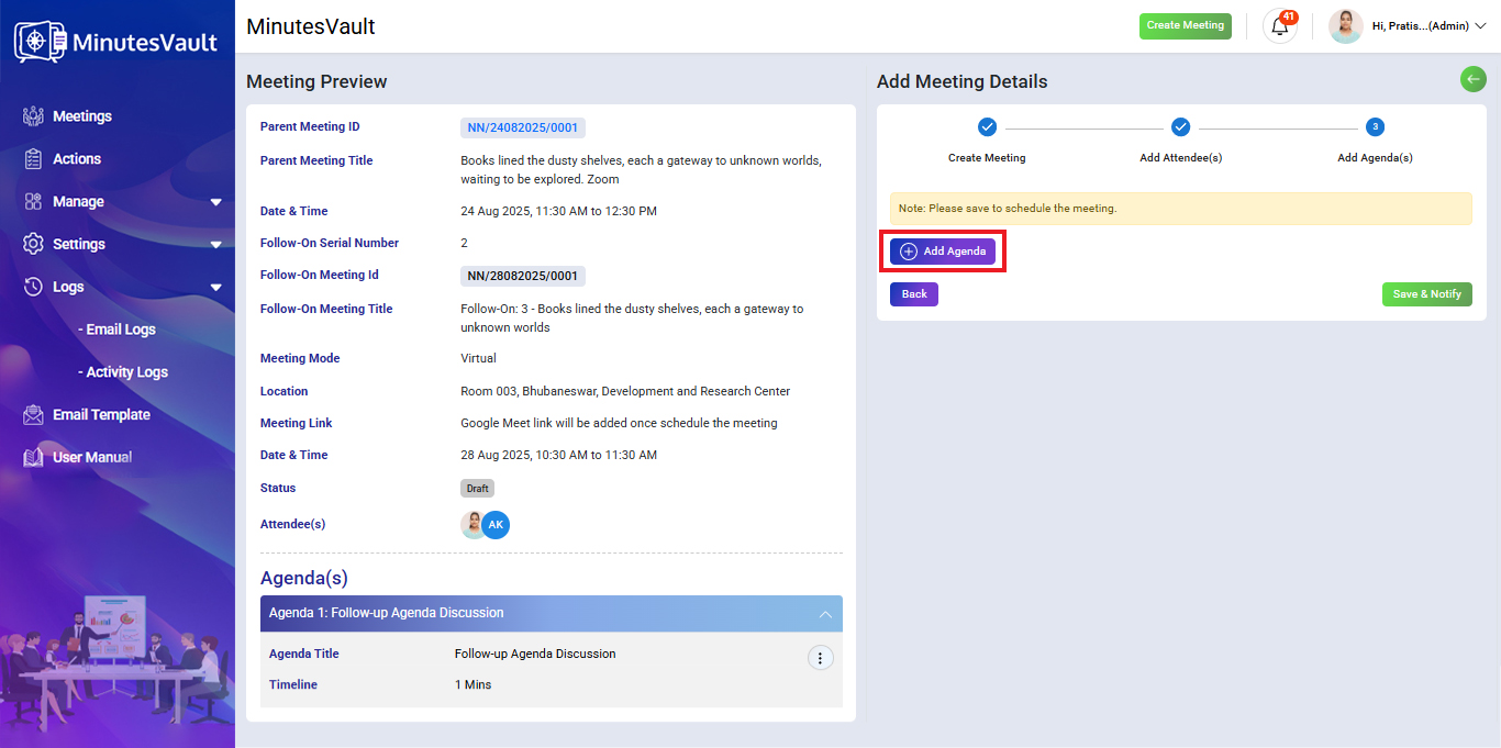 Child meeting agenda button