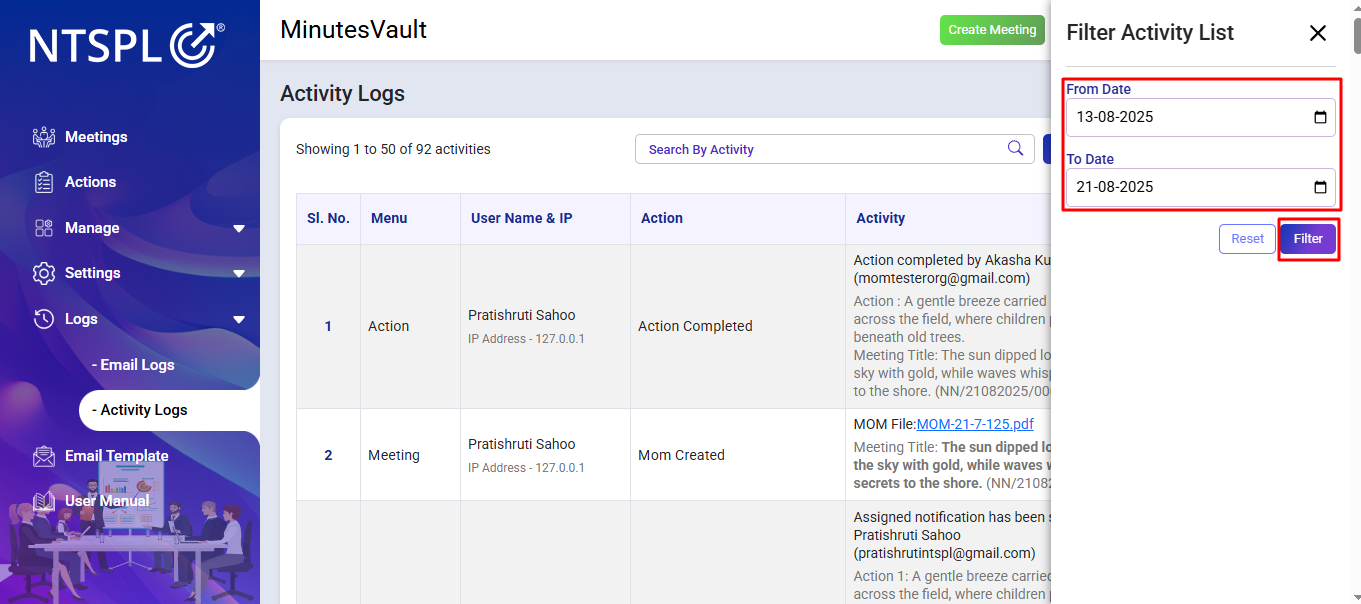 Activity Logs Date Filter
