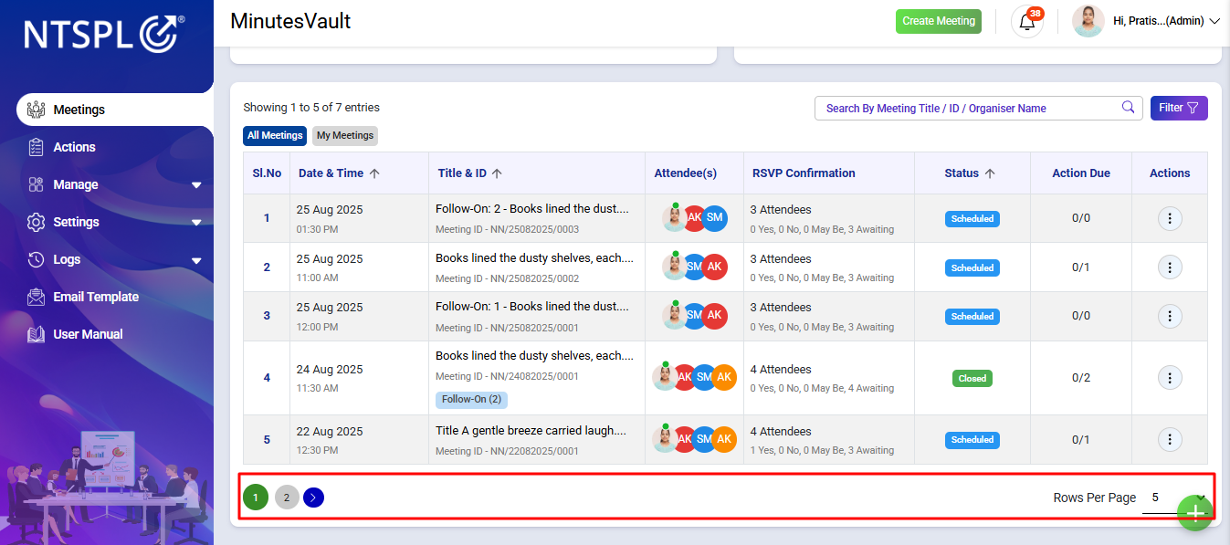 Meeting List Pagination