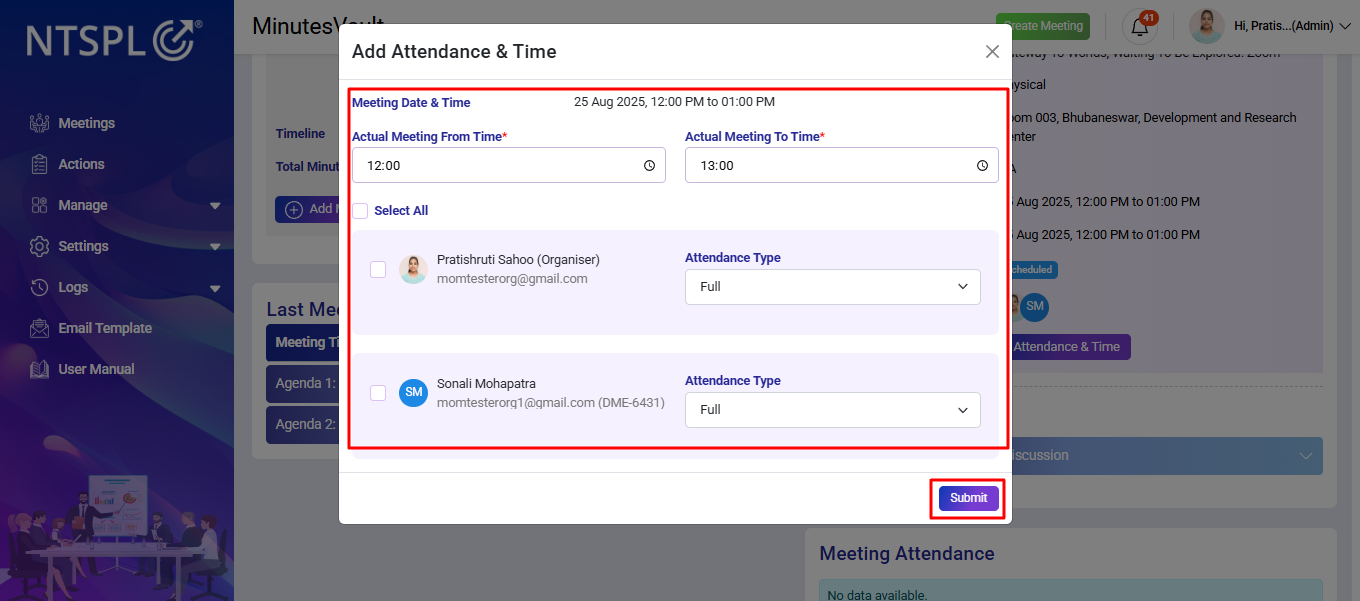 Update Attendance modal