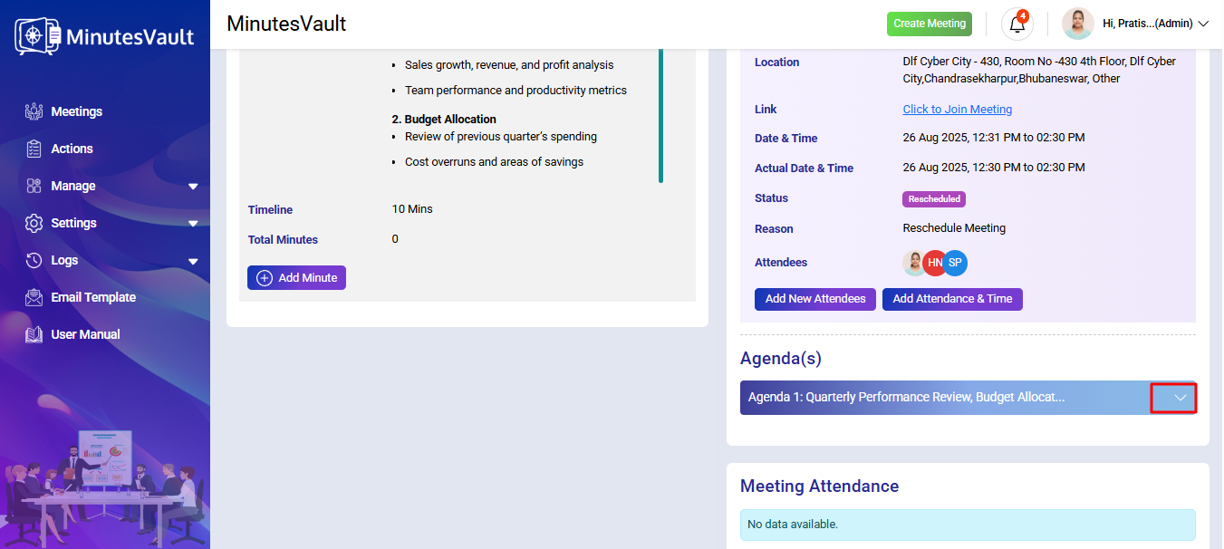 Minutes/ Actions arrow